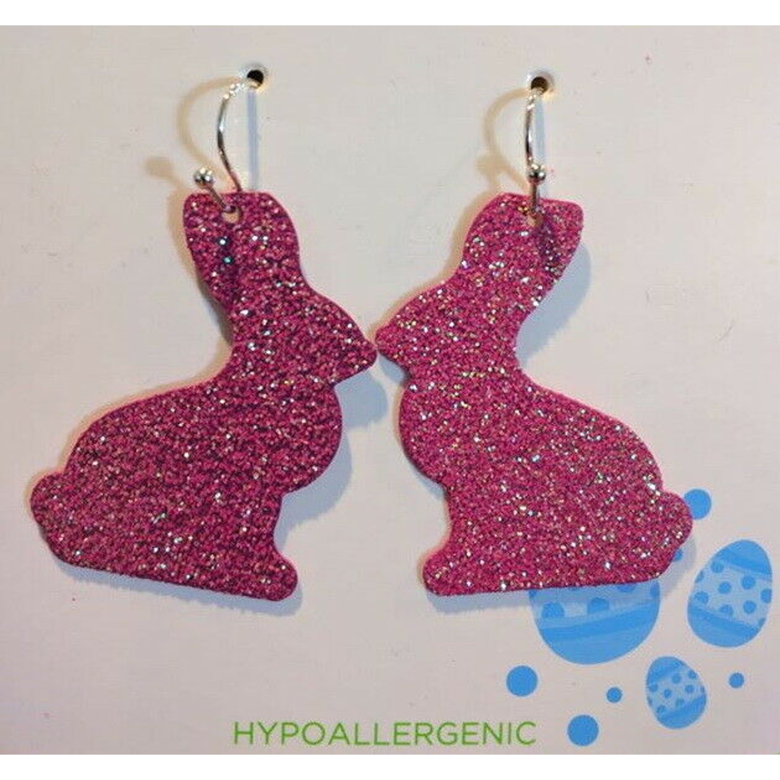 New Pink Glitter Metal Bunny Rabbit Dangling Earrings Easter Gift Hypoallergenic